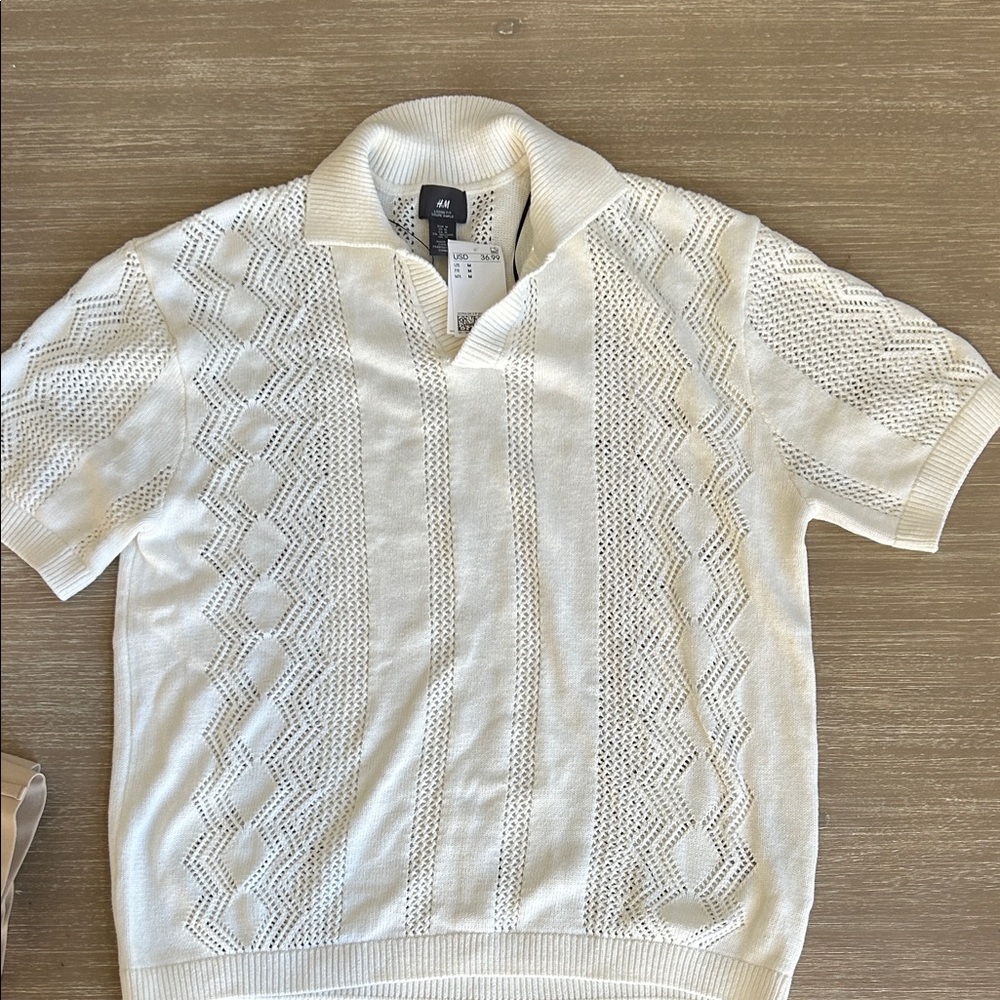 H&M Men's Ivory Textured sweater Polo Shirt